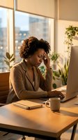 Stressed African American businesswoman with headache working on laptop in modern office with plants and city view during golden hour.