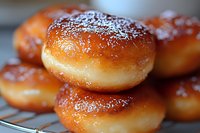 Fresh homemade donuts dusted with powdered sugar on cooling rack, golden brown with glossy surface, close-up view showing soft texture and delicate coating.