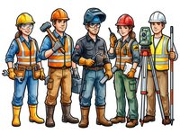 Construction workers in safety gear and hard hats standing together, isolated on white background. Includes male workers of diverse ethnicities wearing protective equipment and holding tools for design use.
