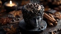 Mystical stone incense burner with smoke rising, surrounded by dried herbs and spices on dark rustic surface. Atmospheric spiritual setting.