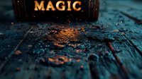 Glowing golden magical dust sparkles on weathered wooden surface with mystical orange light effects creating enchanting fantasy atmosphere for design projects.