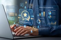 Business professional using laptop with digital customer feedback interface displaying opinion surveys, star ratings and analytics dashboard overlay.