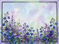 Watercolor floral frame with purple and blue wildflowers on soft pastel background, copy space for text, greeting card or invitation design.