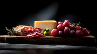 Traditional food composition with aged cheese, sliced salami, fresh red grapes and herbs on rustic wooden board against dark background in dramatic lighting.