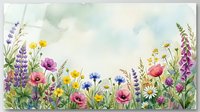 Watercolor wildflower meadow border with colorful blooms including poppies, lavender, daisies and foxgloves on soft pastel background for spring designs.