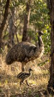 Emu parent with striped chick in natural Australian woodland habitat during golden hour light for wildlife and nature photography projects.