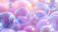Iridescent soap bubbles floating in dreamy pink and purple gradient background with soft bokeh lights creating magical atmosphere for fantasy designs.