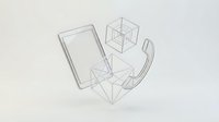 Modern tablet device with wireframe geometric shapes floating above screen displaying digital technology and augmented reality interface concepts.