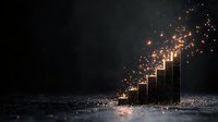 Glowing staircase with magical sparkles rising on dark background, symbolizing growth, success and achievement in business concept. Golden light particles scatter.