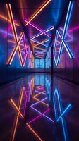 Futuristic neon corridor with colorful LED light strips creating geometric patterns on reflective floor and walls for modern interior design concepts.