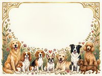 Decorative frame with adorable dogs of various breeds sitting together surrounded by floral elements and ornate golden border on cream background.