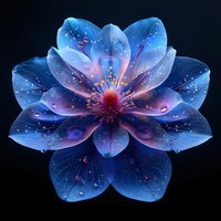 Glowing blue lotus flower with translucent petals and water droplets against dark background, symbolizing purity and spiritual awakening.