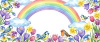 Watercolor spring frame with rainbow, colorful flowers, birds and clouds on white background for greeting cards and seasonal designs.