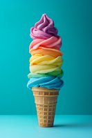 Rainbow colored soft serve ice cream swirls stacked high in waffle cone against turquoise background, showcasing vibrant gradient from purple to blue.