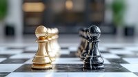 Black and white chess pawns facing each other on chessboard, selective focus on front pieces with blurred background creating strategic confrontation.