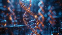 Glowing DNA helix structure with orange and blue particles against dark background, representing genetic science and biotechnology research.