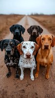 Five diverse hunting dogs sitting together on dirt road - black Labrador, chocolate Lab, spotted Catahoula, white pointer, and red Vizsla showing breed variety and companionship.