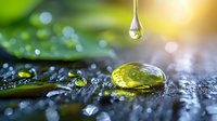 Fresh water drop falling onto green leaf with morning dew and bokeh light effect in nature. Macro photography showing pure crystal clear droplet reflection.
