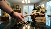 Man's hand placing house keys on granite countertop beside a welcome gift basket with wine and local treats, new home concept.