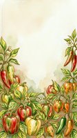 Watercolor illustration of vibrant pepper and chili plants with red, yellow, and green produce on cream background. Botanical garden design for culinary, agricultural, and food-related projects.
