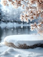 Magical winter scene with delicate pink cherry blossoms over snow-covered surface, falling snowflakes creating dreamy atmosphere against blurred lake background.