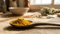 Golden turmeric powder in wooden spoon on rustic kitchen counter with herbs and cooking ingredients in warm natural light for healthy cooking.