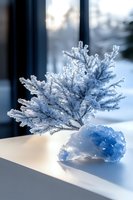 Delicate crystalline branch covered in frost alongside blue mineral crystal on white surface, creating ethereal winter atmosphere with soft natural lighting.