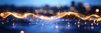 Magical glowing wave with sparkles and bokeh lights on dark blue background, abstract festive panoramic design for holiday season and celebrations.