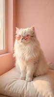 Fluffy white Persian cat wearing pink heart-shaped sunglasses sitting on cushion by window in soft pink room interior for trendy pet fashion concepts.