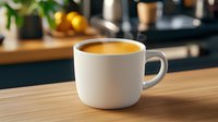 White ceramic cup filled with golden turmeric latte on wooden table surface against dark kitchen background with fresh citrus fruits, cozy morning atmosphere.