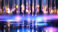 Glowing water drops falling against purple and blue background with mirror reflection creating magical atmosphere and bokeh light effects.