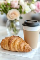 Fresh baked croissant and takeaway coffee cup on white marble table with soft focus roses in background, morning breakfast composition for cafe menu.