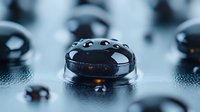 Water drops on dark surface creating abstract macro photography with reflections and bokeh effect in cool blue tones, showing surface tension and liquid patterns.