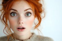 Close up portrait of young woman with bright green eyes, natural freckles, and vibrant red hair styled in loose updo wearing neutral knit sweater against light background.