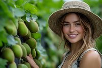 Young Caucasian woman in straw hat and overalls smiling while harvesting fresh pears in orchard garden. Natural sunlight illuminates fresh fruit and green foliage background.