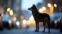 Black dog silhouette against blurred city lights background creating magical bokeh effect, side view of standing canine at dusk or dawn, moody atmospheric scene.