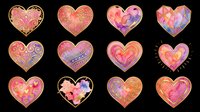 Watercolor and gold heart clipart set, 12 decorative designs in pink, purple, and red tones, isolated on transparent background, ready for stickers, cards, and t-shirt design.