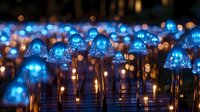 Glowing blue jellyfish-shaped light installation creates magical nighttime atmosphere with bokeh effect and reflections. Artistic outdoor illumination display.