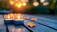 Glowing candles in glass holders cast warm light on wooden deck surface with fallen autumn maple leaves at dusk, creating cozy atmospheric mood.