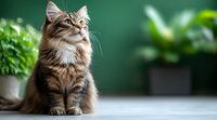 Long-haired tabby cat with fluffy fur sitting gracefully against green foliage background, looking up with curious expression. Natural light illuminates soft coat and whiskers.