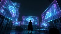 Silhouetted figure standing in futuristic control room surrounded by glowing holographic displays showing artificial intelligence and neural networks, representing technology innovation and digital transformation.