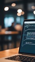 Laptop displaying programming code on screen in modern office environment with warm bokeh lighting for software development and coding projects.