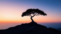 Lone tree silhouette on hilltop against dramatic sunset sky and ocean horizon, creating peaceful zen-like atmosphere for meditation and mindfulness backgrounds.