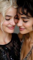 Two young women sharing intimate moment with closed eyes and gentle smiles, blonde and brunette in elegant evening wear, connection and friendship concept.