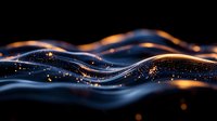 Abstract flowing waves with golden particles and bokeh lights on dark background for digital technology and futuristic design projects.