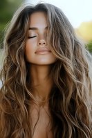 Young Hispanic woman with long wavy brown hair and natural makeup in serene expression with closed eyes, glowing skin against soft bokeh background.