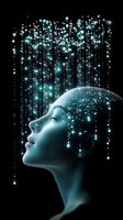 Ethereal profile silhouette with glowing particles and light streams cascading down, creating magical atmosphere against dark background. Concept of consciousness and dreams.