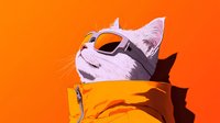 Cool white cat wearing sunglasses and orange hoodie looking up with confident expression against vibrant orange background, modern pop art style illustration.