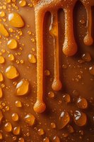 Dripping caramel sauce with water droplets on brown surface, macro food photography showing sweet liquid texture and golden honey-like streams flowing down.