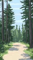 Peaceful forest path winding through tall evergreen trees with dappled sunlight creating natural shadows on dirt trail for outdoor adventure and nature themes.